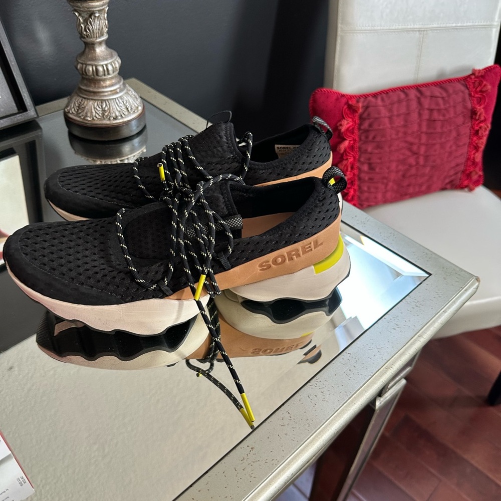 Sorel Black Mesh Slip-On Sneakers with Tan & Yellow Accents. Barely worn